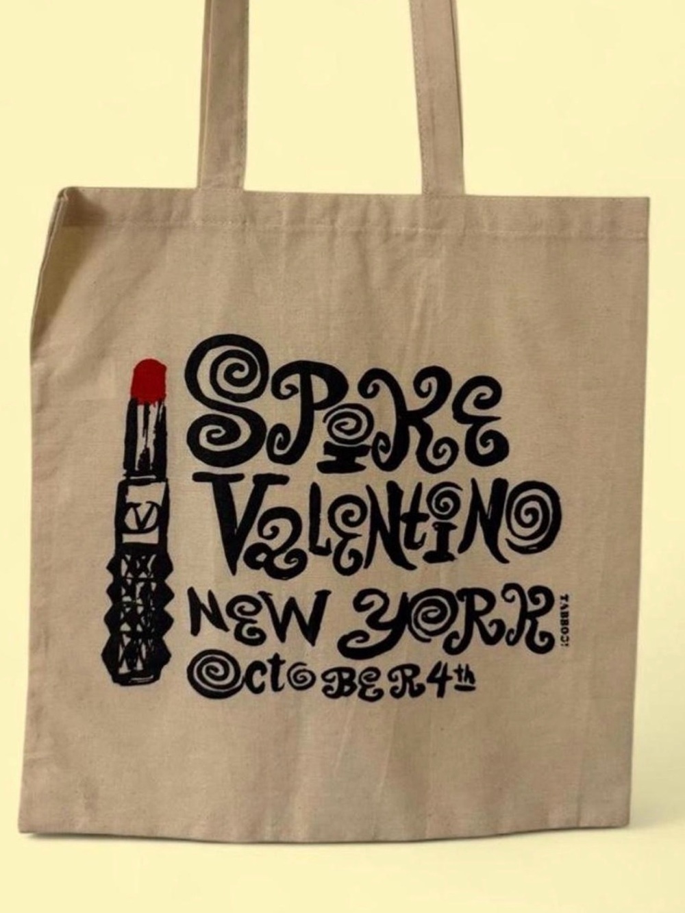Valentino Beige Canvas Tote with Black Graphic and Red Accent